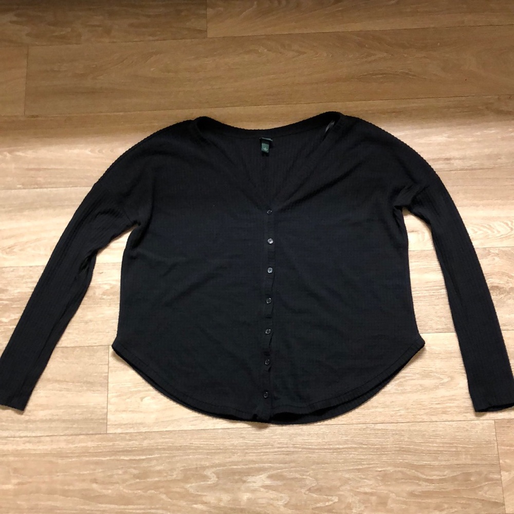 Black Loose Fitting Button Down Waffle Long Sleeve Tee